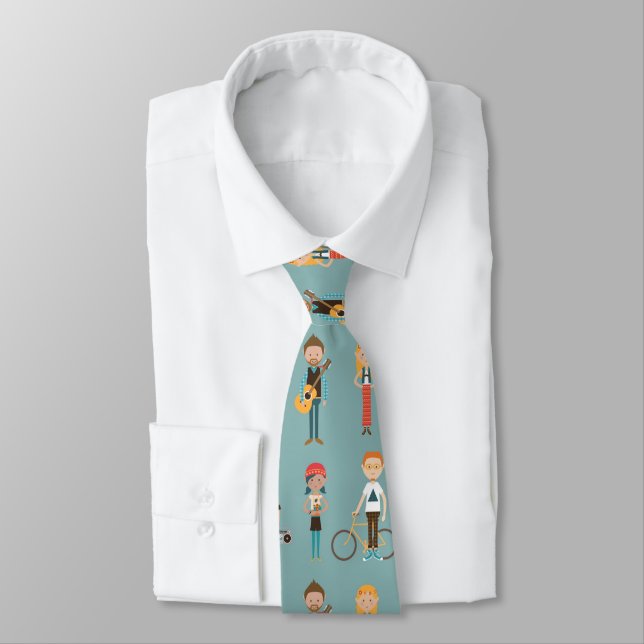 Hip Cartoon People Illustrations Pattern (Blue) Tie (Tied)