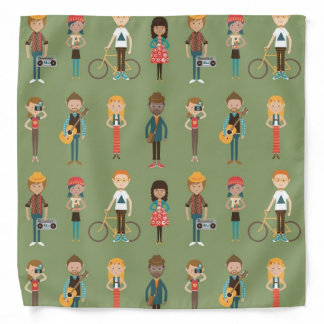Hip Cartoon People Illustrations Pattern (Green) Bandana