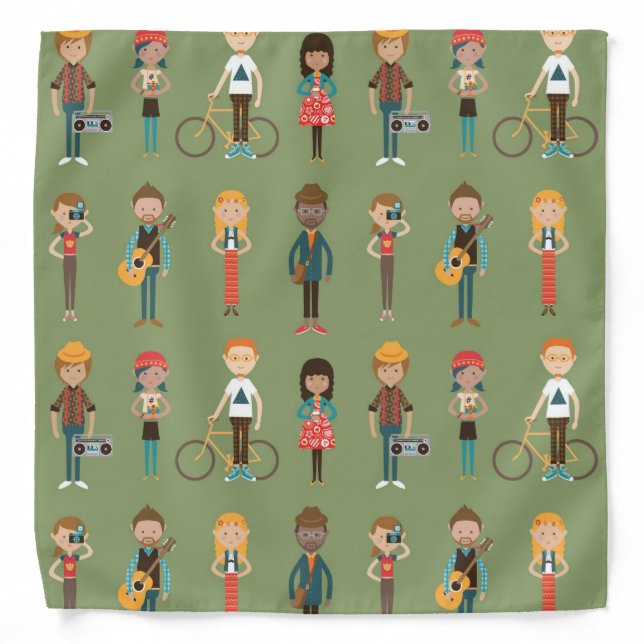 Hip Cartoon People Illustrations Pattern (Green) Bandana (Front)