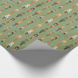 Hip Cartoon People Illustrations Pattern (Green) Wrapping Paper