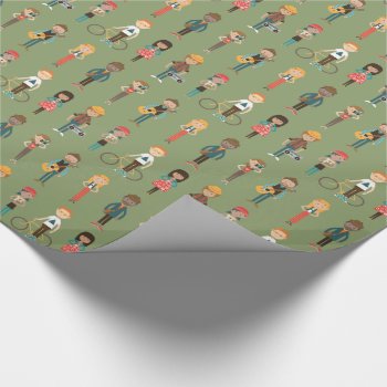 Hip Cartoon People Illustrations Pattern (green) Wrapping Paper by funkypatterns at Zazzle