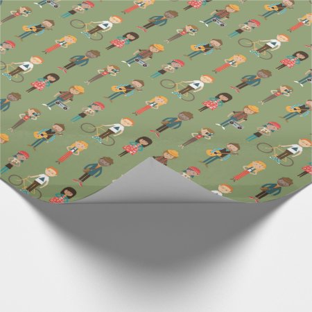 Hip Cartoon People Illustrations Pattern (green) Wrapping Paper