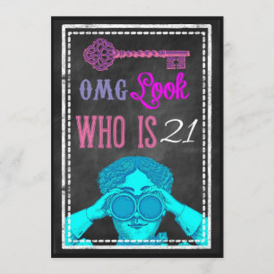 Hip Chalkboard Retro 21st Birthday Party Invites