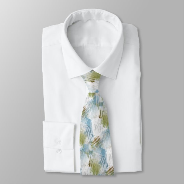 Hip Chic Lime Green Gray Blue Brushstrokes Art Neck Tie (Tied)