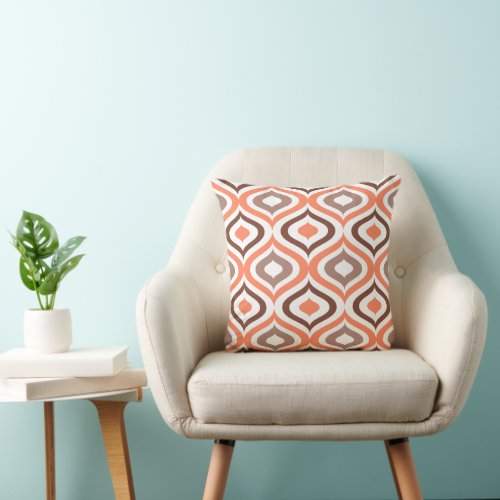 Hip Coral Orange Taupe Brown White Ogee Waves Art Throw Pillow