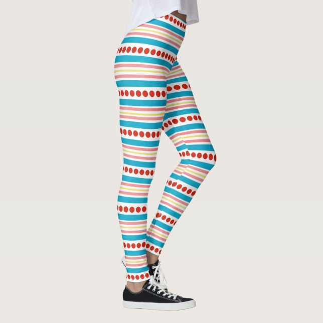 Hip Coral Red Yellow Turquoise Stripes Art Pattern Leggings (Right)