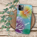 Hip Dragonfly Pretty Modern Spring Floral Art iPhone 12 Case<br><div class="desc">Contemporary bright violet and purple water lilies, pastel blue sky, orange colored summer sun and pretty dragonfly. A funky, modern and whimsical hipster design for the lover of gardens, gardening, nature, flora and fauna. Beautiful, modern and cool cover for the trend-savvy and art-loving hip trendsetter, artsy motif lover who wants...</div>