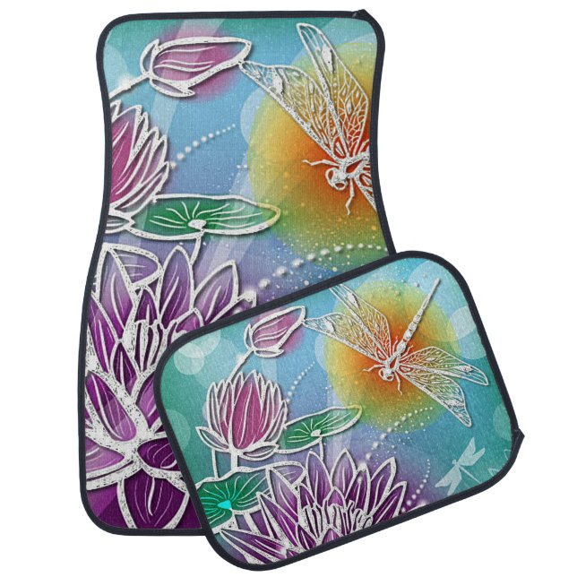 Hip Dragonfly Pretty Modern Summer Floral Art Car Floor Mat (Set)