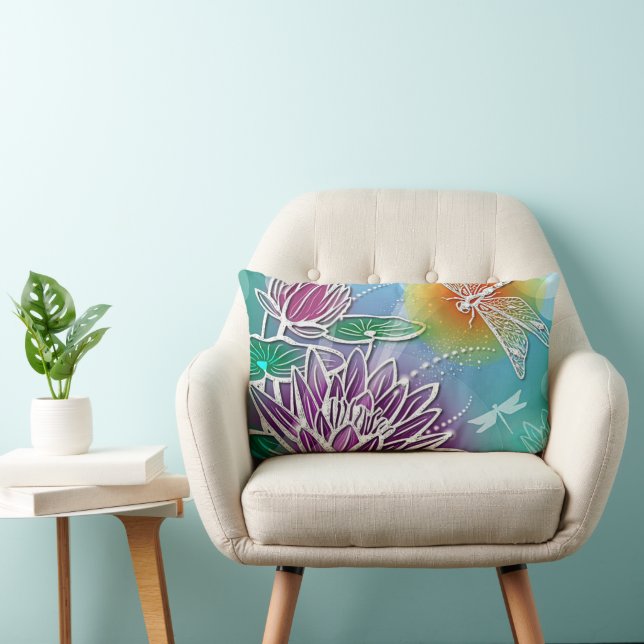 Hip Dragonfly Pretty Modern Summer Floral Art Lumbar Pillow (Chair)