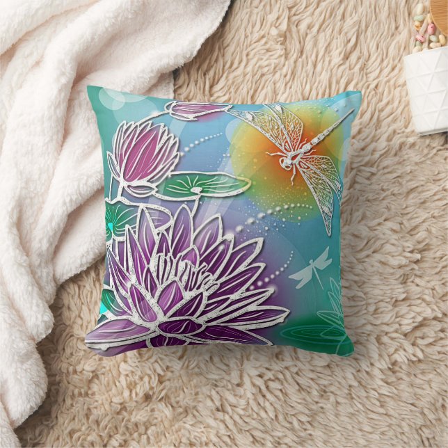 Hip Dragonfly Pretty Modern Summer Floral Art Throw Pillow (Blanket)