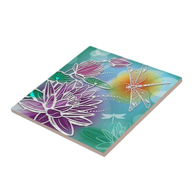 Hip Dragonfly Pretty Modern Summer Floral Art Tile (Side)