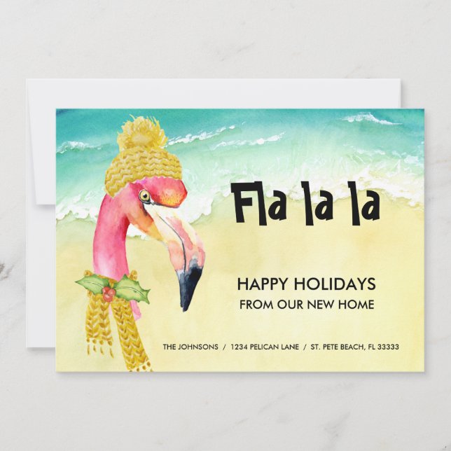 Hip Flamingo on Florida Beach Holiday New Home Announcement (Front)