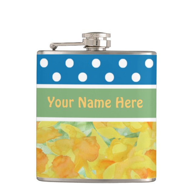 Hip Flask to Personalize: Daffodils, Polka Dots (Front)