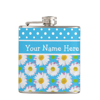 Hip Flask to Personalize: Polkas, Daisies on Blue