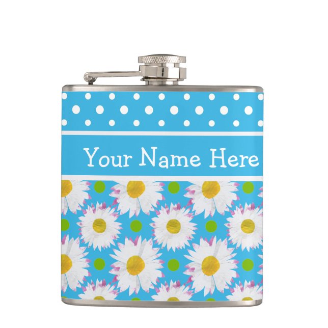 Hip Flask to Personalize: Polkas, Daisies on Blue (Front)