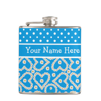 Hip Flask to Personalize: Polkas Daisy Chains Blue