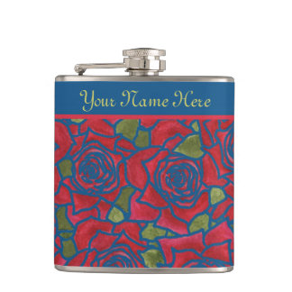Hip Flask to Personalize: Red Roses on Navy Blue