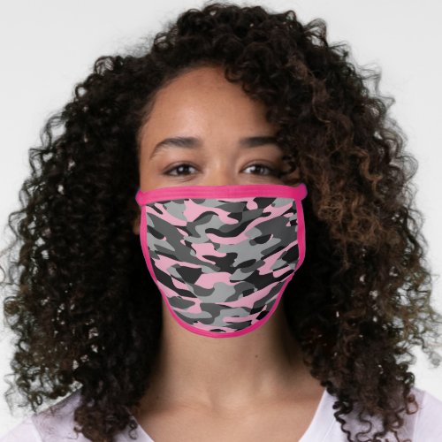 Hip Fun Dark Gray Black Blush Pink Camo Pattern Face Mask