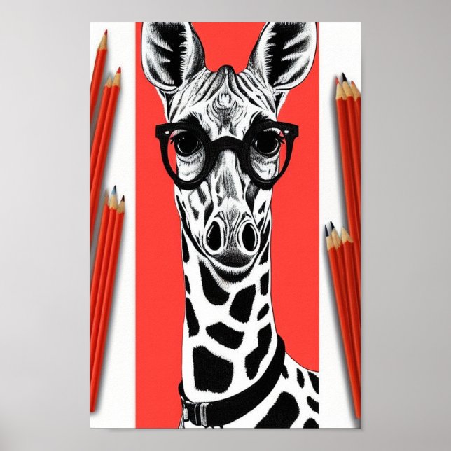 Hip Giraffe Pencil Drawing, Red Pencil Background Poster (Front)