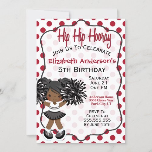 Hip Hip Hooray Black Cheerleader Girls Birthday Invitation