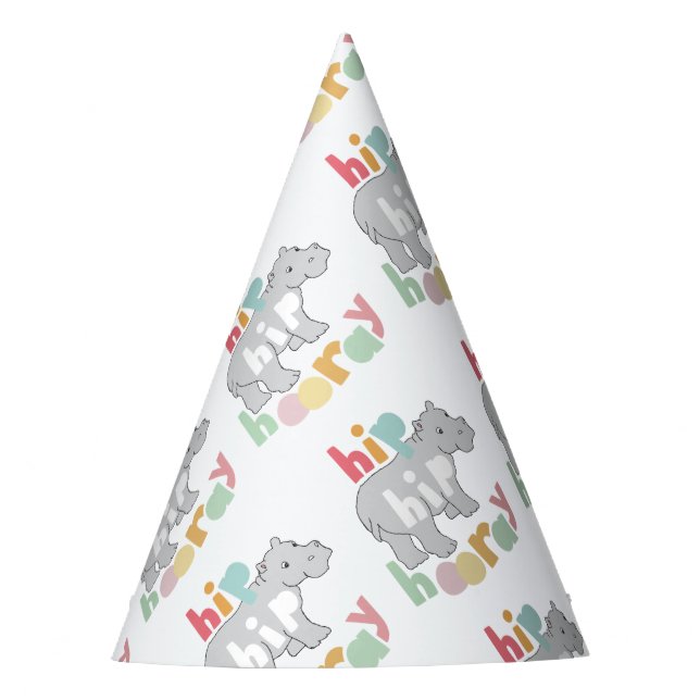 Hip Hip Hooray Gray Hippo Drawing Cute Animal Art Party Hat (Front)