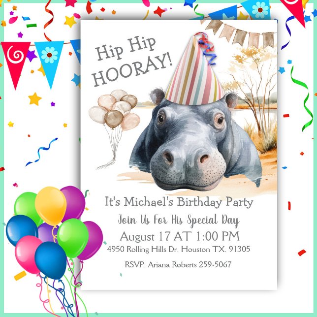 Hip Hip Hooray Hippo Birthday Invitation (Creator Uploaded)