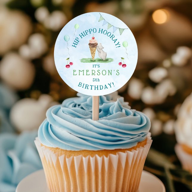 Hip Hippo Hooray Birthday Party  Classic Round Sticker (Round Hip Hippo Hooray Birthday Sticker being used as a cupcake topper)