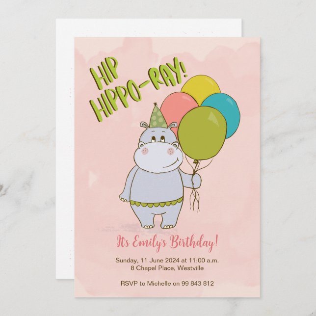 Hip Hippo-Ray Kids Birthday Invitation (Front/Back)