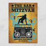 Hip Hop Bar Mitzvah Invitation<br><div class="desc">It’s on. Press play and bring your moves to the Bema. This invitation is perfect for hip-hop, rap, dance or music-themed bar mitzvahs. An old school boom box is the focal point with B Boys and B Girls surrounding it – in various dance poses. A retro blue pattern winds its...</div>