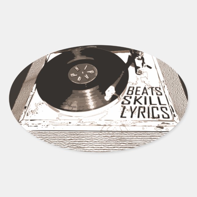 HIP HOP BEATS SKILL LYRICS ON TURNTABLE OVAL STICKER (Front)