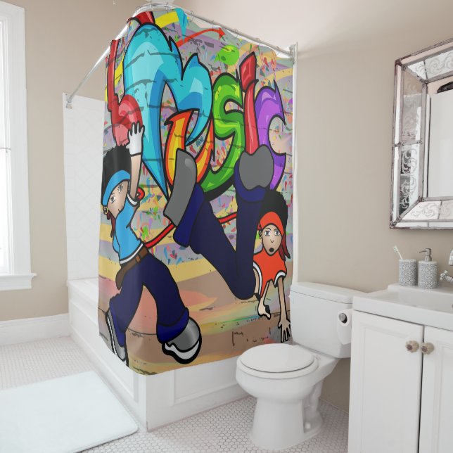 Hip Hop Break Dancing Kids Graffiti Background Shower Curtain (In Situ)
