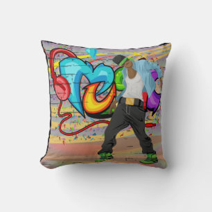Hip-Hop Dancing Guy and Music Graffiti Wall Throw Pillow