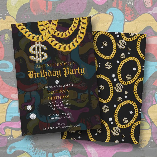 Hip Hop Gold Chain Graffiti 90's Birthday Party Invitation (Hip Hop Gold Chain Graffiti 90's Birthday Party Invitation)