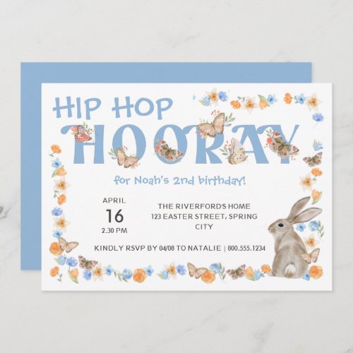 Hip Hop Hooray Bunny and Butterfly Boys Birthday Invitation