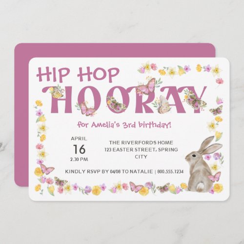 Hip Hop Hooray Girls Birthday Bunny and Butterfly Invitation
