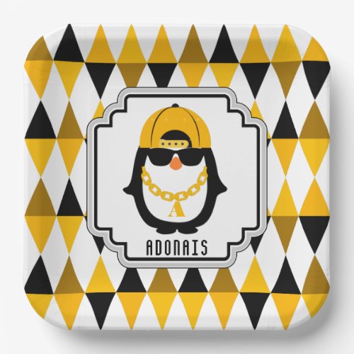 Hip Hop Penguin Yellow  Black Cool Kid Paper Plates