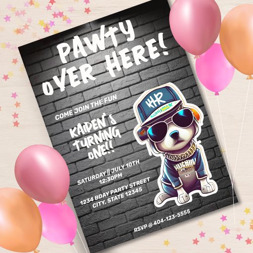 Hip Hop Puppy Dog Brick Wall First Birthday Party Invitation