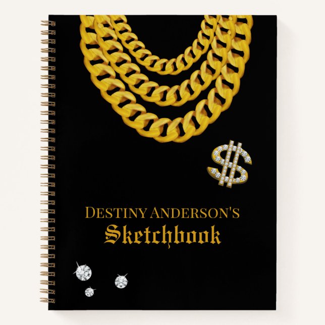 Hip Hop Rap Gold Cuban Link Chain 90's Sketchbook Notebook (Front)