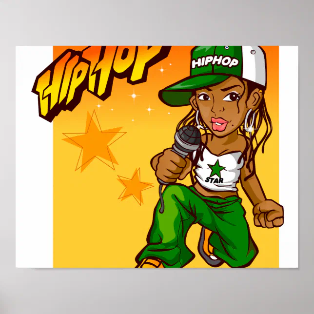 Green Rapper Cartoon hip hop rapper girl green orange cartoon poster | Zazzle