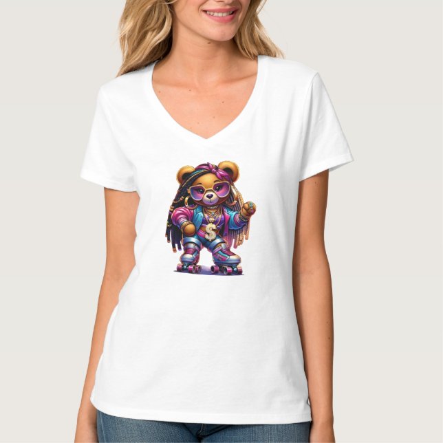 Hip-Hop Roller Skating Bear with Braids T-Shirt (Front)