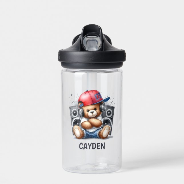 Hip Hop Teddy Bear Custom Kids Water Bottle (Front)