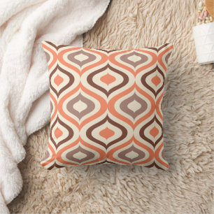 Hip Ivory Coral Orange Taupe Brown Ogee Waves Art Throw Pillow
