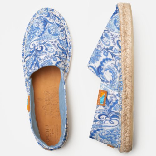 Hip Light Dark Azure Blue White Floral Paisley Art Espadrilles