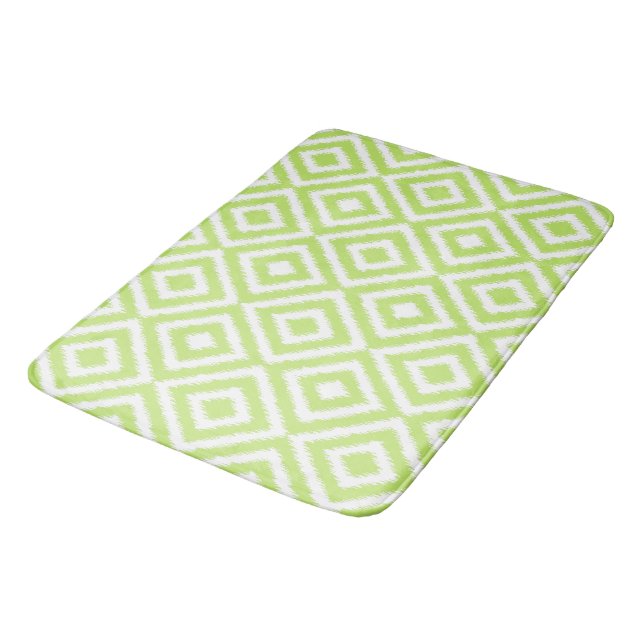Hip Lime Green Ikat Diamond Squares Mosaic Pattern Bathroom Mat (Angled)