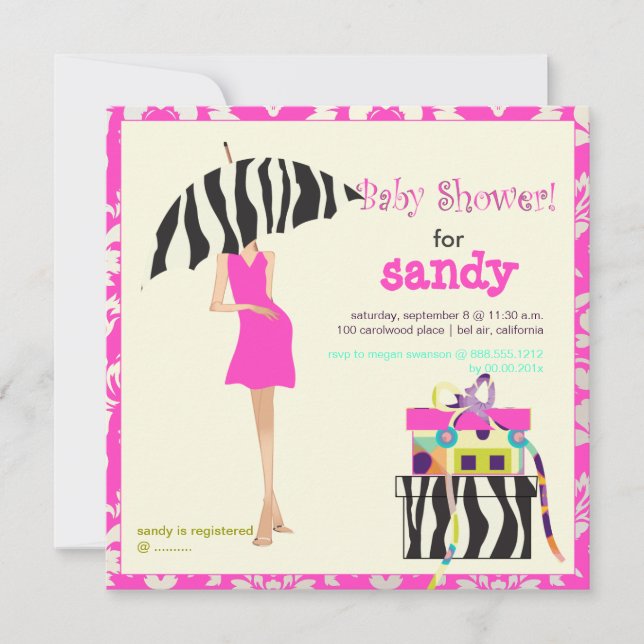 Hip mama, hot pink damask/zebra baby shower invitation (Front)