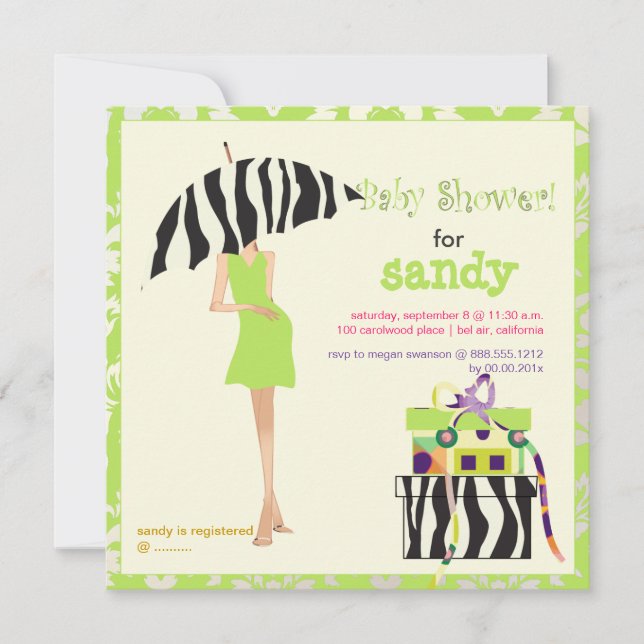 Hip mama, lime green damask/zebra baby shower invitation (Front)