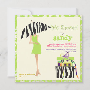 Hip mama, lime green damask/zebra baby shower invitation