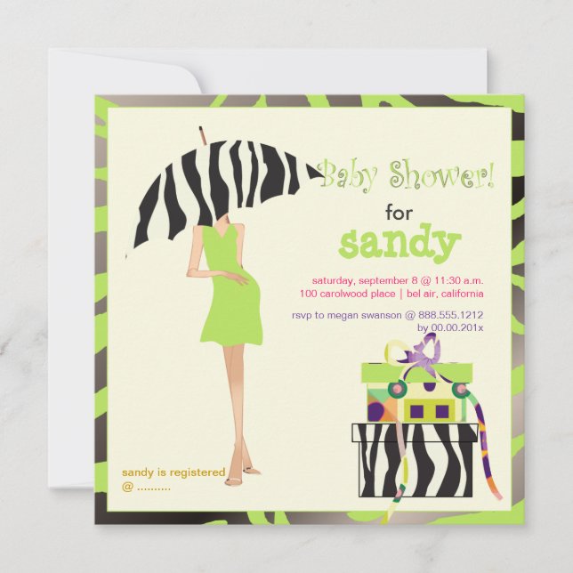 Hip mama, lime green zebra baby shower invitation (Front)