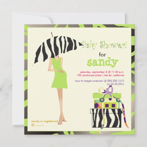 Hip mama lime green zebra baby shower invitation