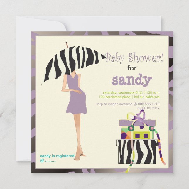 Hip mama, purple zebra baby shower invitation (Front)